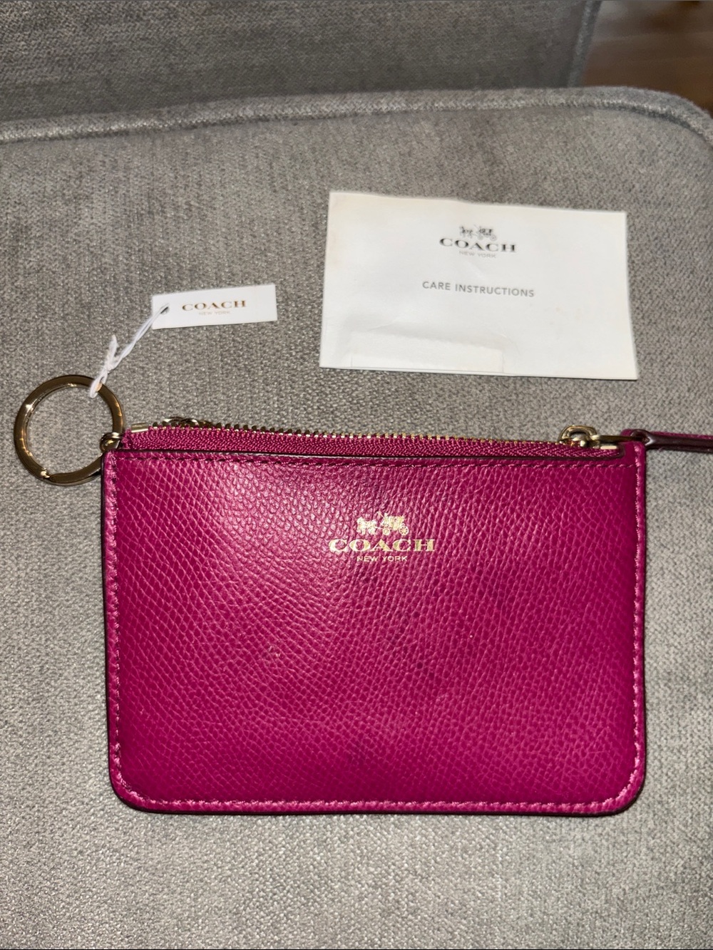 Coach Fuchsia Pink Leather Zip Card Pouch with Keyring